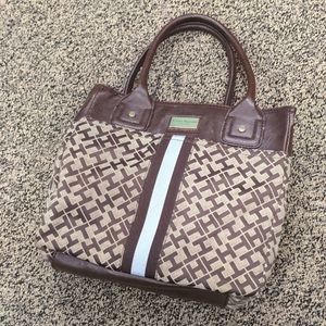 Tommy Hilfiger brown med handbag im. leather w/ logo fabric zip top & divider